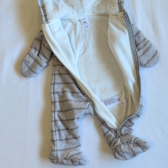 carter's newborn gray striped fleece zipper closure bunting suit baby boy - Picture 8 of 9